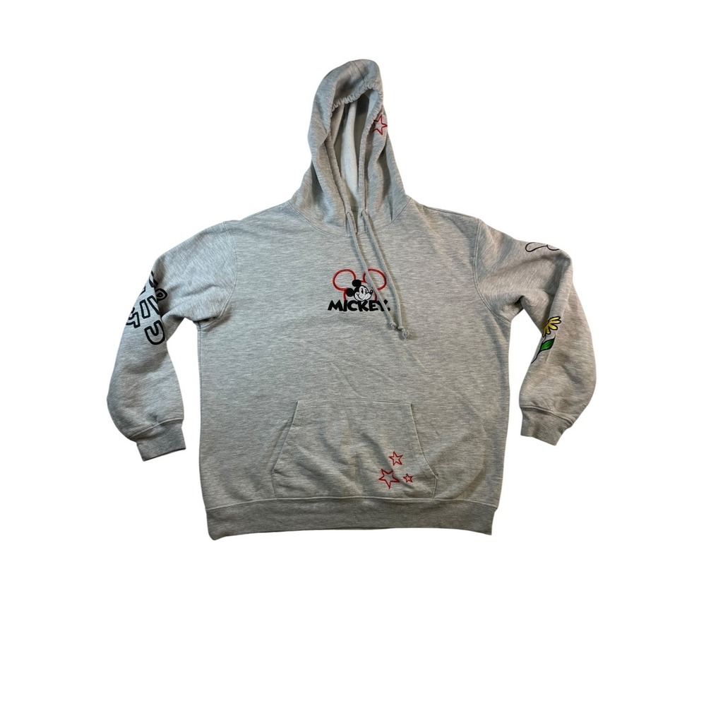 Disney Hoodie Women 2XL Gray Cotton Fleece Lined Mickey Mouse Flower Embroidered